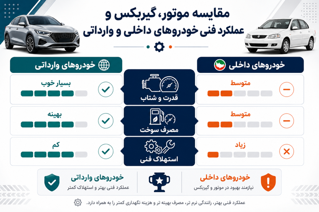 مقایسه موتور، گیربکس و عملکرد فنی خودروهای داخلی و وارداتی